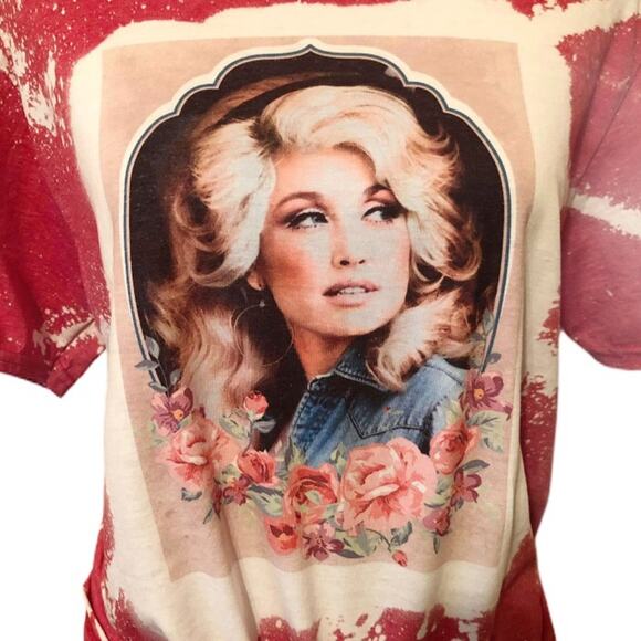 Whiskey Kiss Tops - Dolly Parton Handmade Bleach Dye Floral Graphic Tee Size Small
